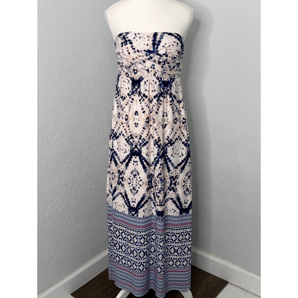 Soma Strapless‎ Tie Dye Maxi Dress Blue White Geometric Boho Summer Resortwear